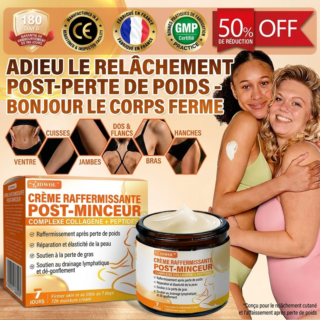 Boutique Officielle | Crème Raffermissante Post-Minceur IOWOL® aux GHK-Cu, Argireline et Matrixyl 3000, peptides de collagène et actifs raffermissants pour cibler le relâchement cutané après une perte de poids.